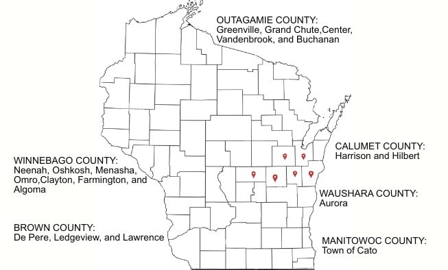 Neenah, Oshkosh, Menasha, Omro, Grand Chute, Greenville, Harrison
